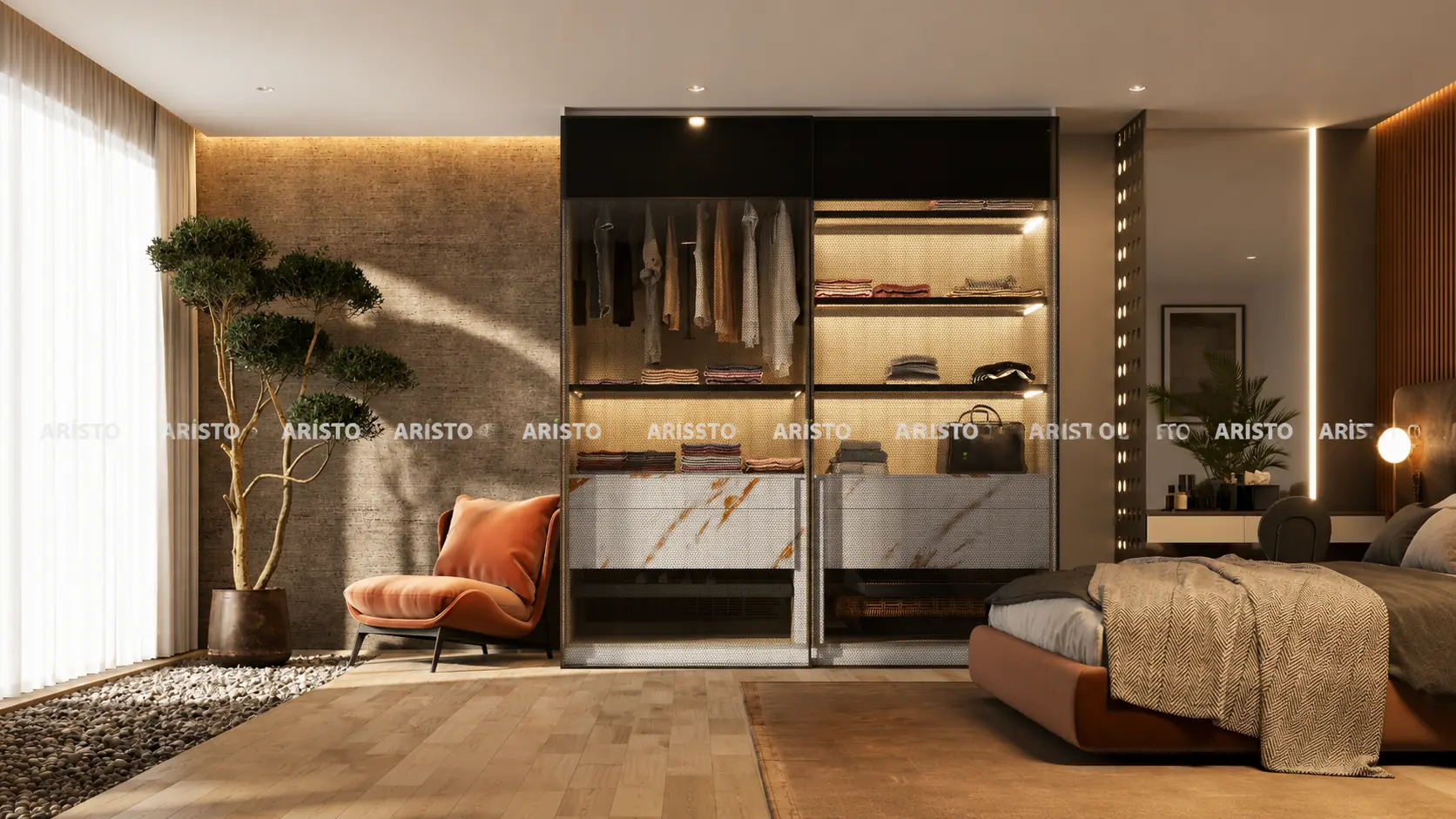Sliding wardrobe designers in Gurgaon - glass finish wardrobe by Innovante Studio