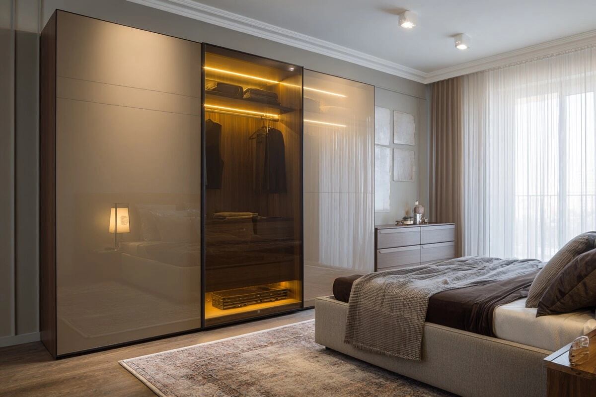 Sliding wardrobe designers in Gurgaon - glass finish wardrobe by Innovante Studio