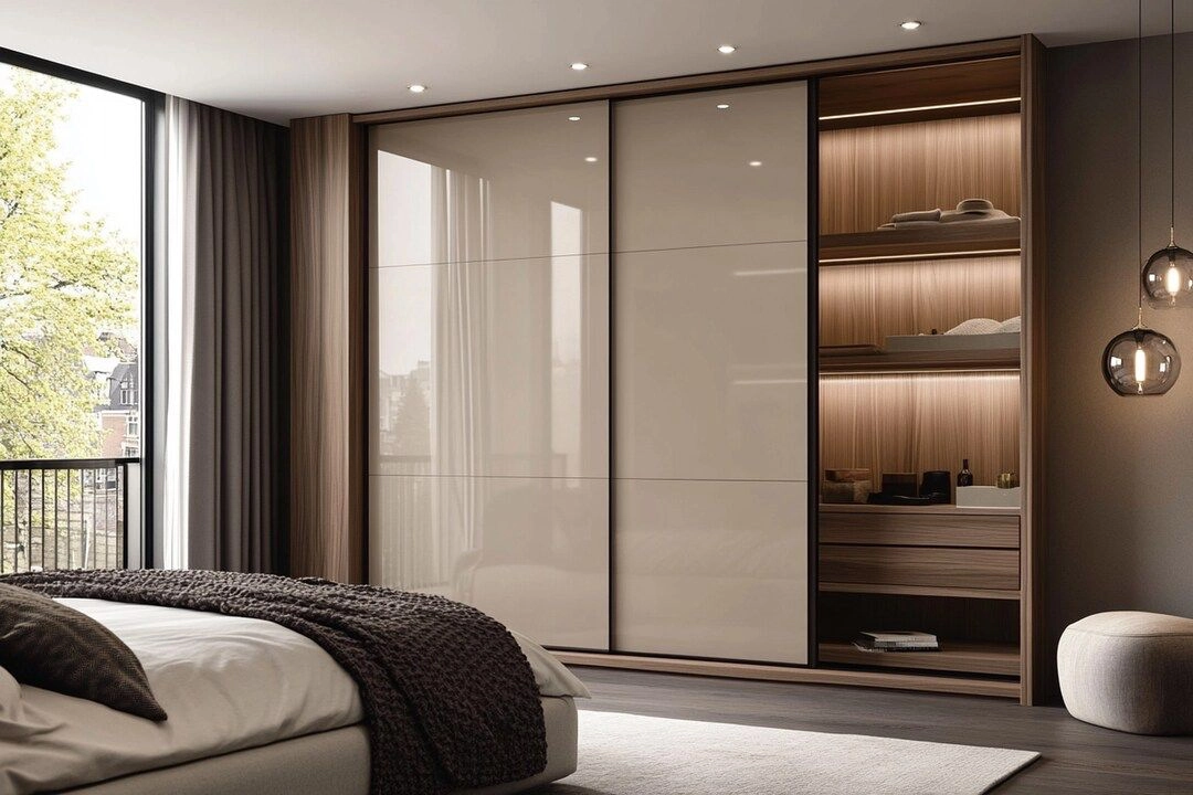 Sliding wardrobe designers in Gurgaon - glass finish wardrobe by Innovante Studio
