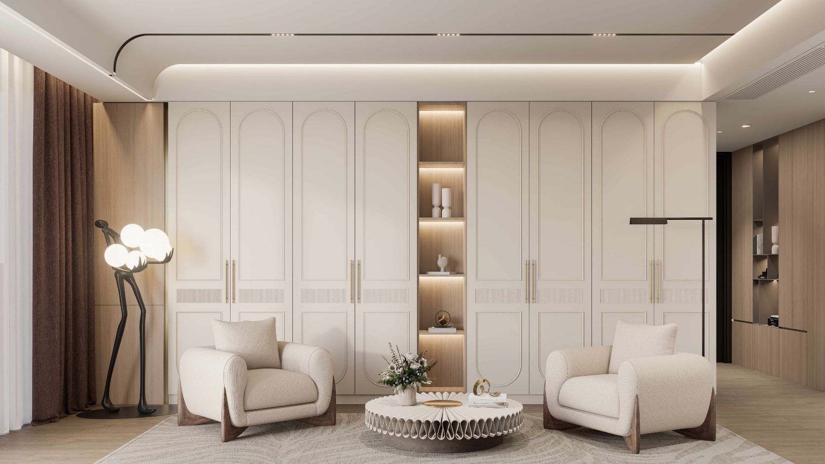 Main door design for home — arched walnut entrance by Innovante Studio
