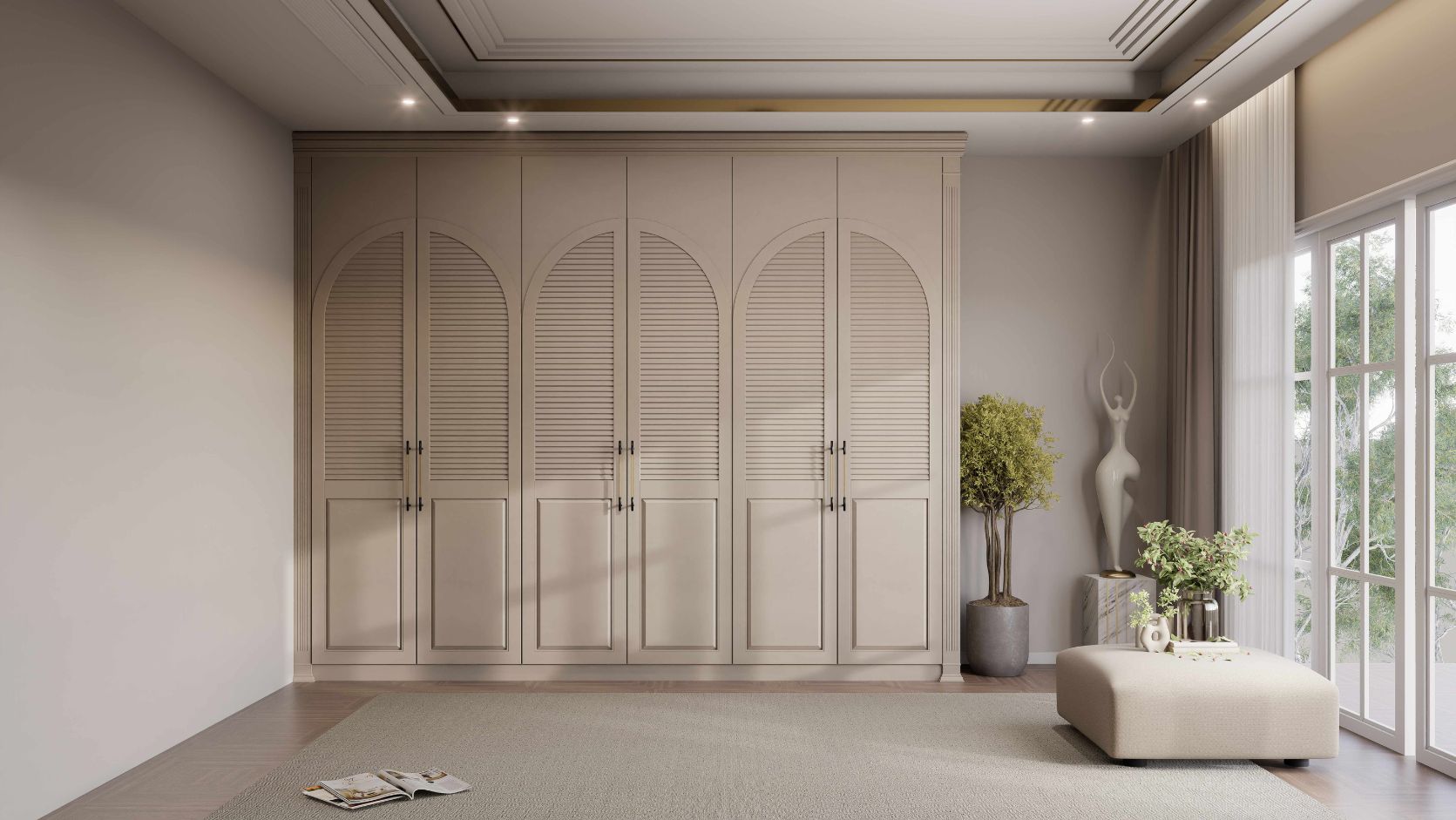 Main door design for home — arched walnut entrance by Innovante Studio