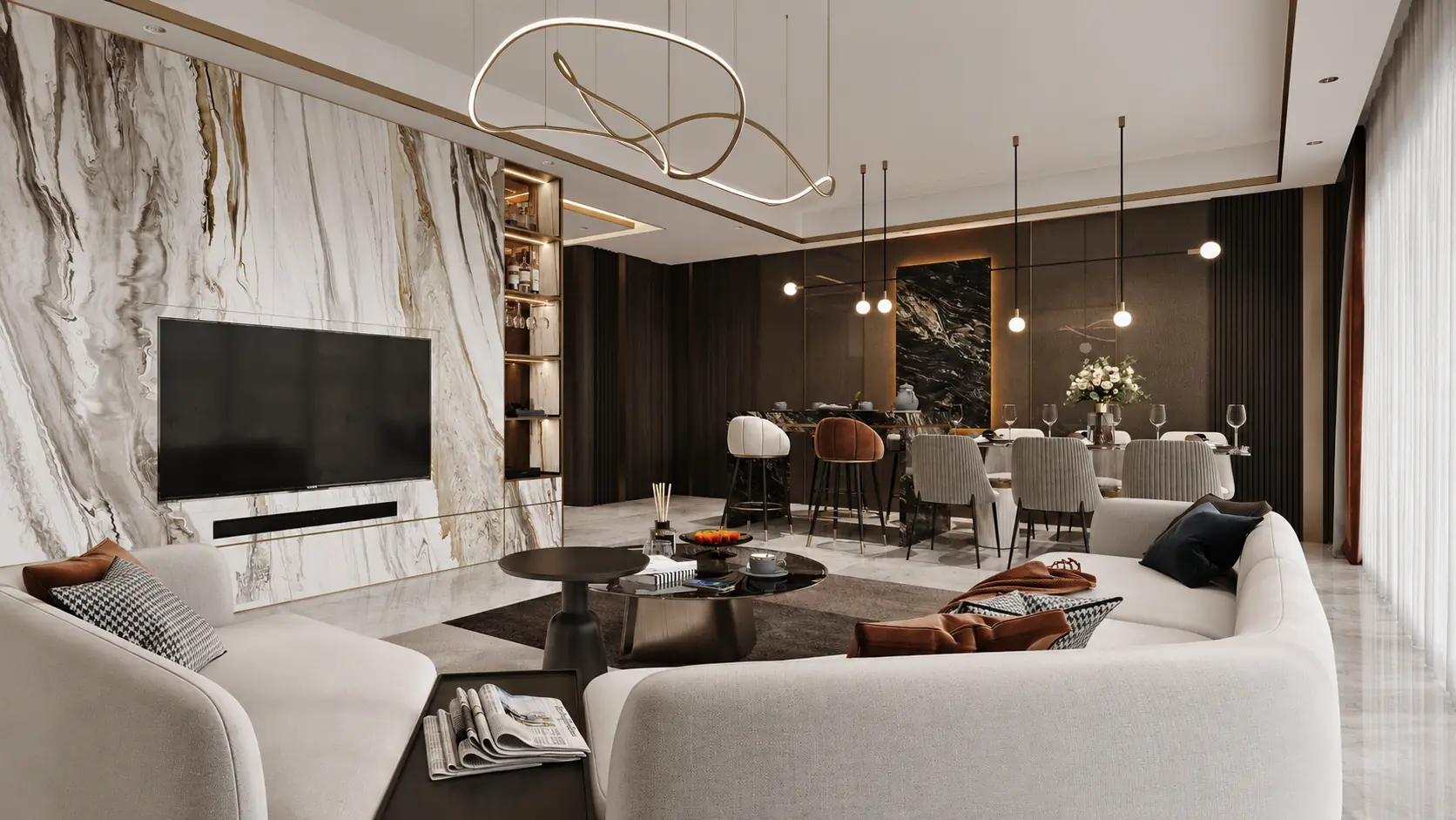   Bright living room with brown leather sofa, beige armchair, yellow throw, and adjacent dining area.
