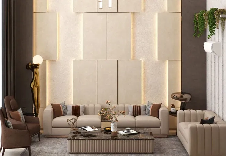   Bright living room with brown leather sofa, beige armchair, yellow throw, and adjacent dining area.