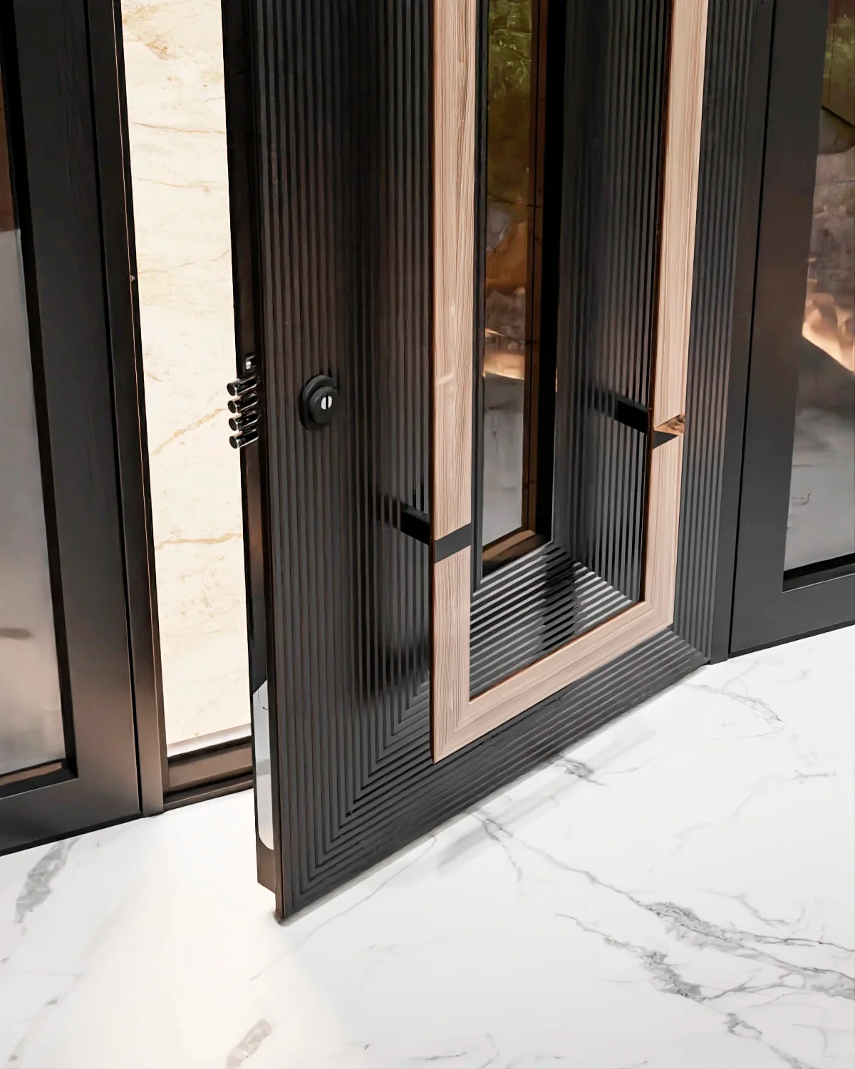 Main door design for home — arched walnut entrance by Innovante Studio