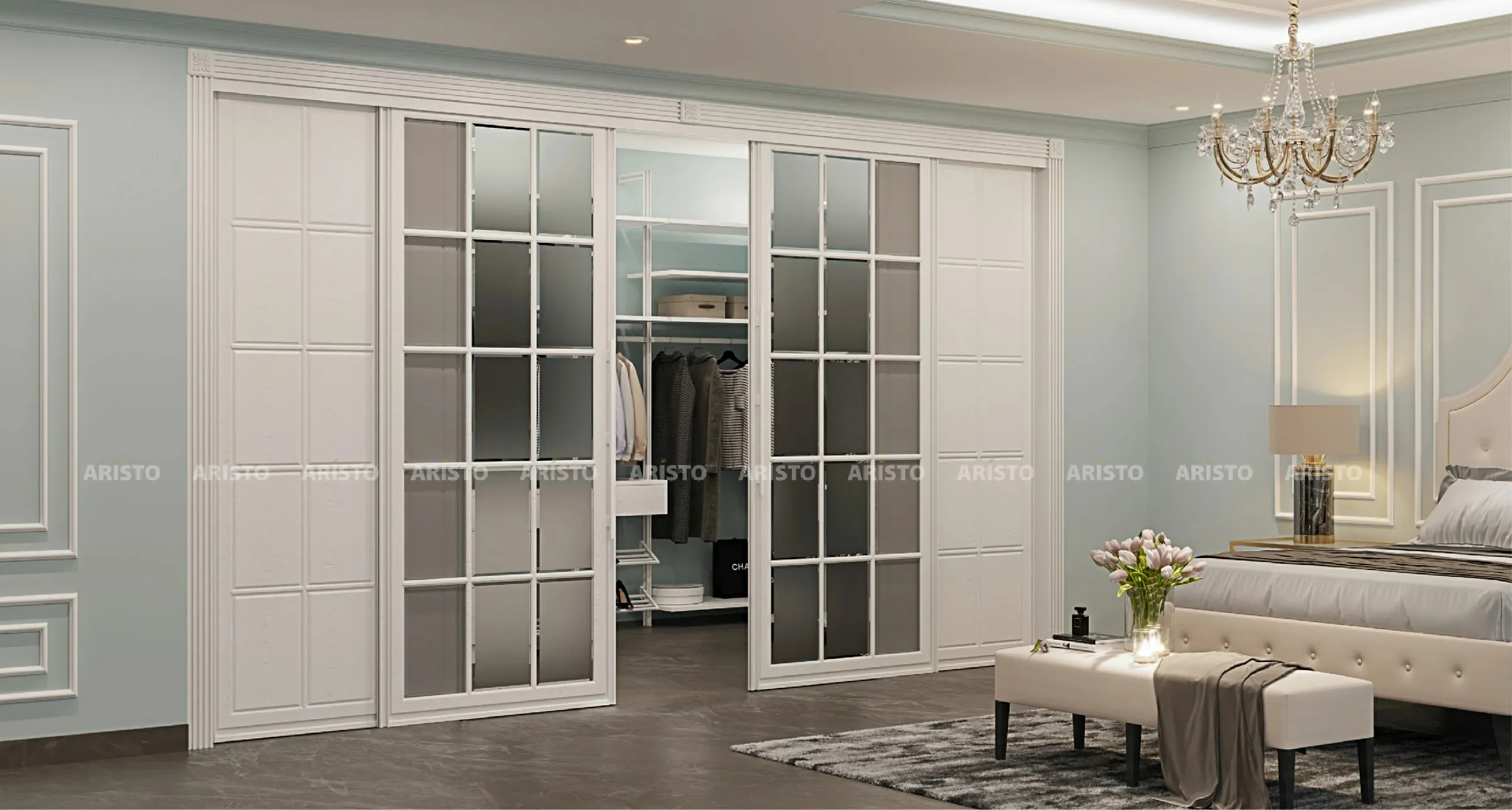 Sliding wardrobe designers in Gurgaon - glass finish wardrobe by Innovante Studio
