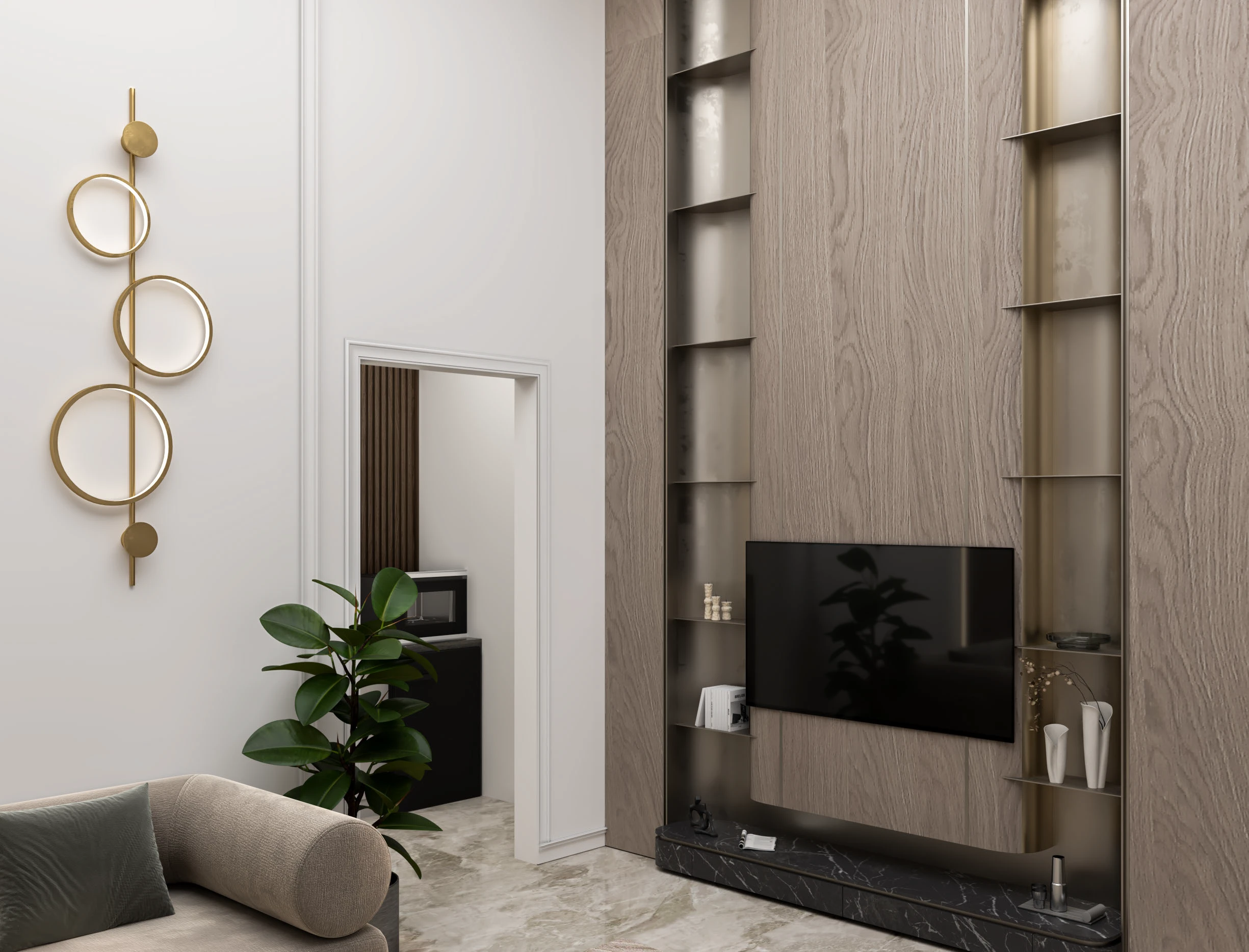 Main door design for home — arched walnut entrance by Innovante Studio
