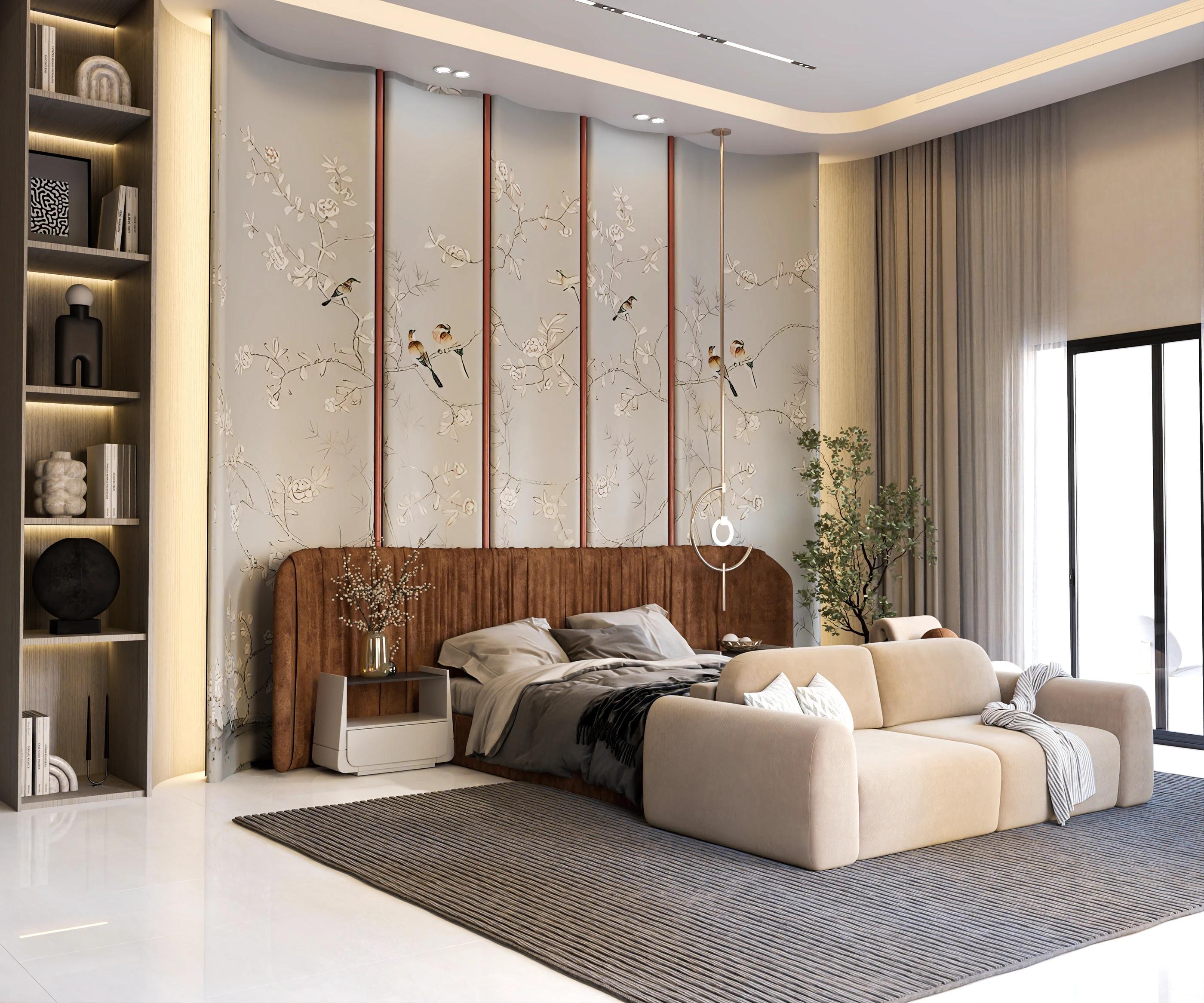Decorative wall panels for living room — marble-effect and wood combination