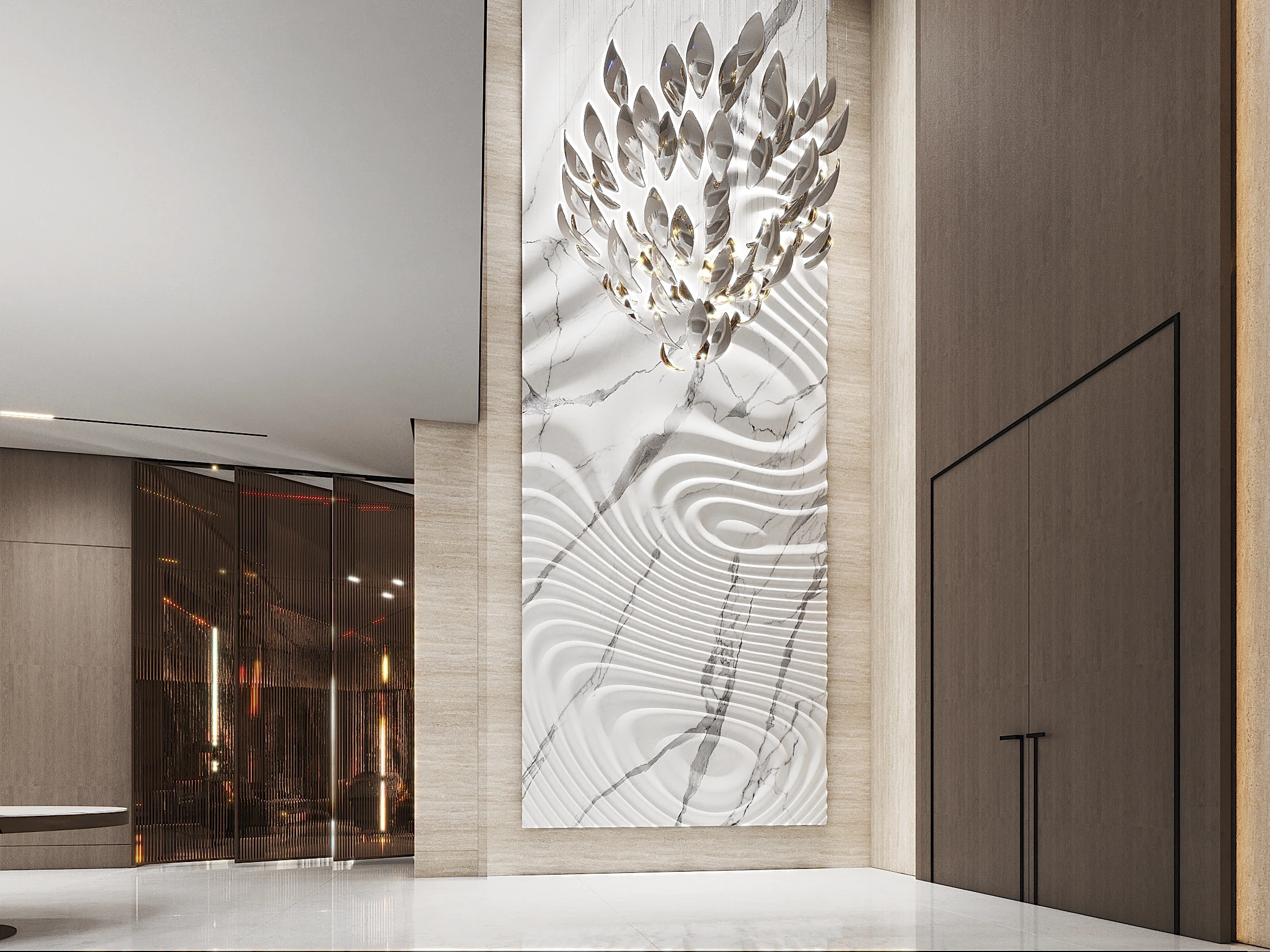 Main door design for home — arched walnut entrance by Innovante Studio