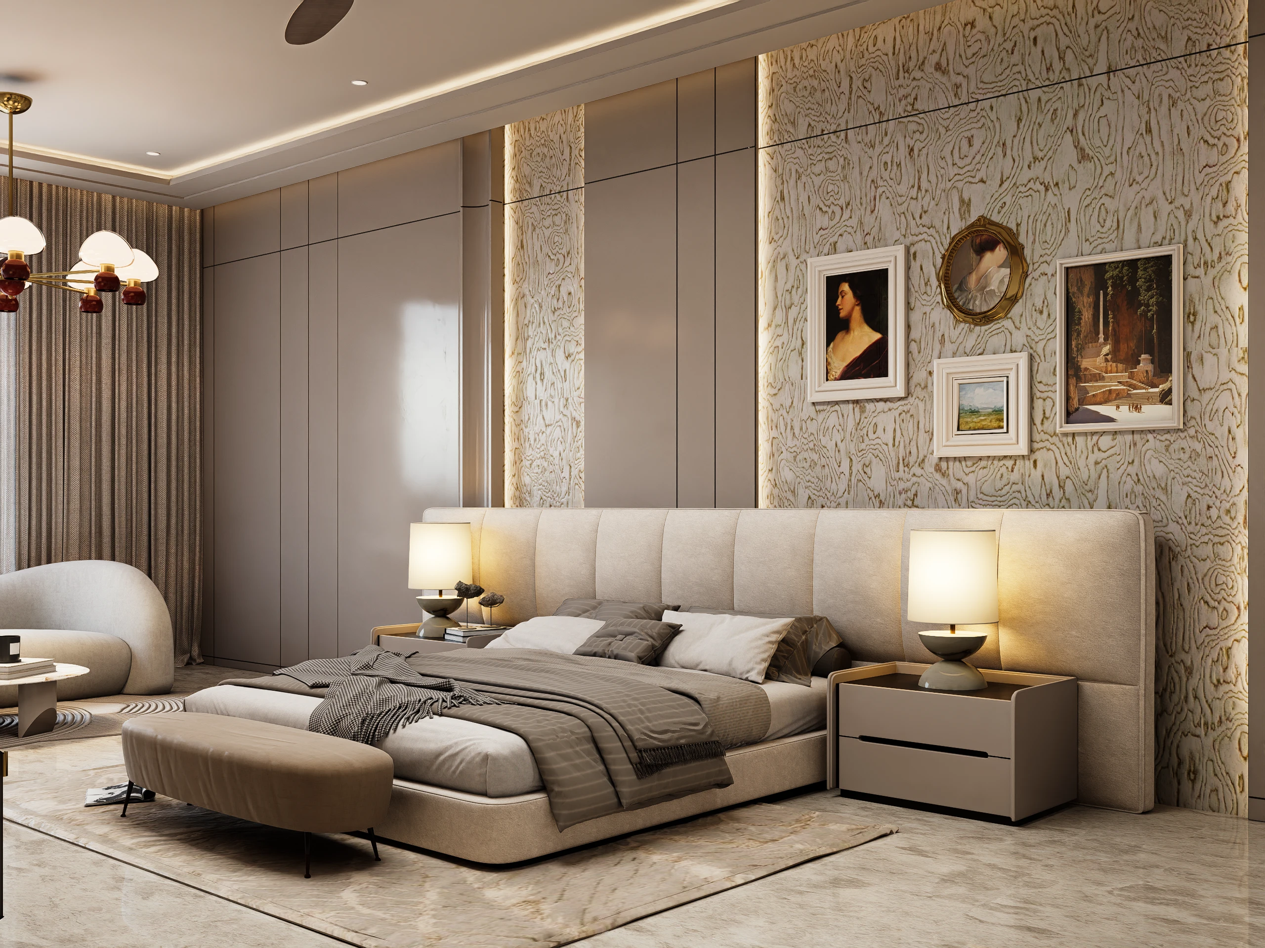Modern wall paneling service Gurgaon — minimalist grey fluted panel bedroom