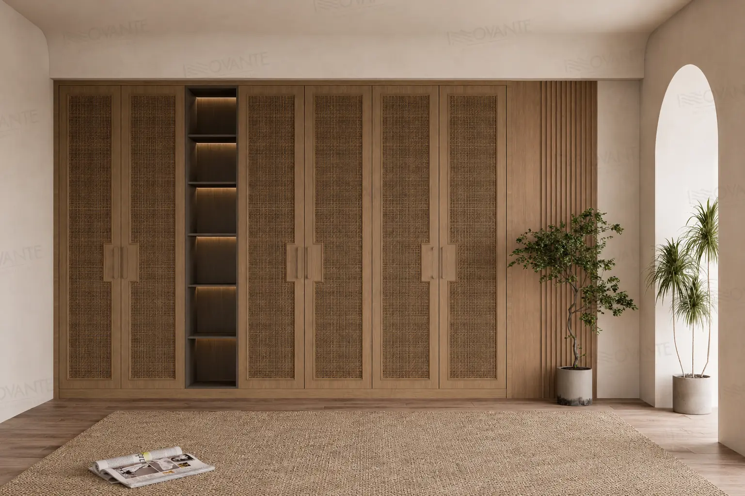 Main door design for home — arched walnut entrance by Innovante Studio